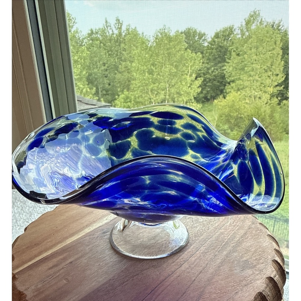 VTG Hand Blown Blue And Clear Art Glass Bowl Trinket Dish Signed 'Adrian '02'